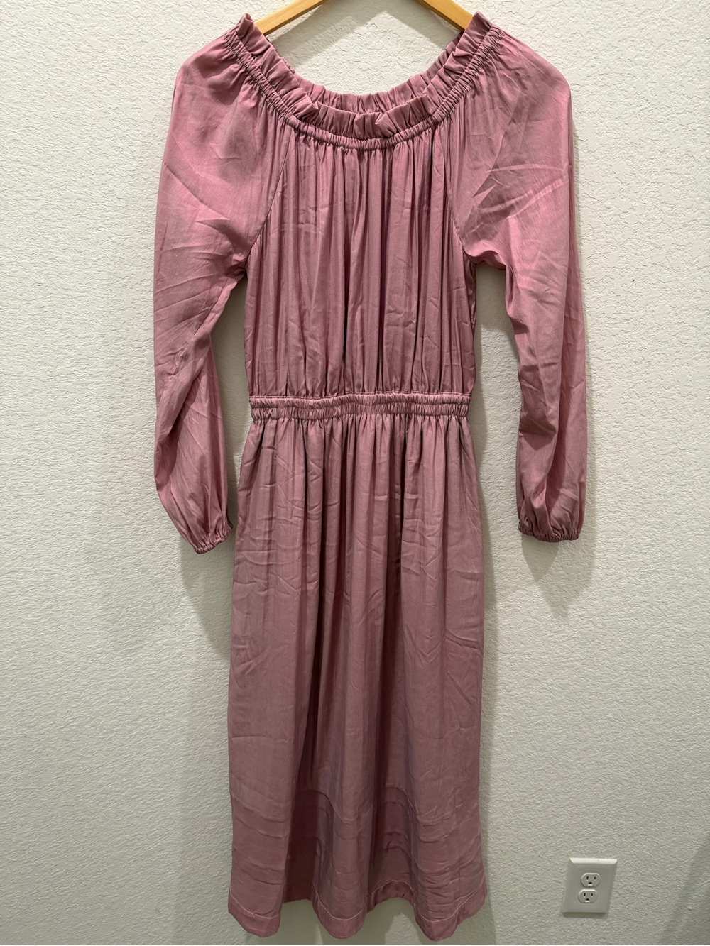 BURU Mauve‎ Pink Long Sleeve Elastic Waist Midi Dress with Pockets Womens Small